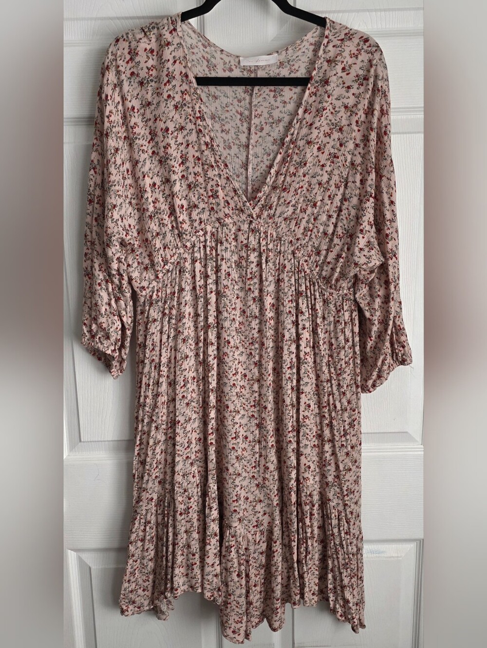 Romantic Coquette Cottagecore Pink Ditsy Floral Crinkle Gauze V-Neck Dress 1X
